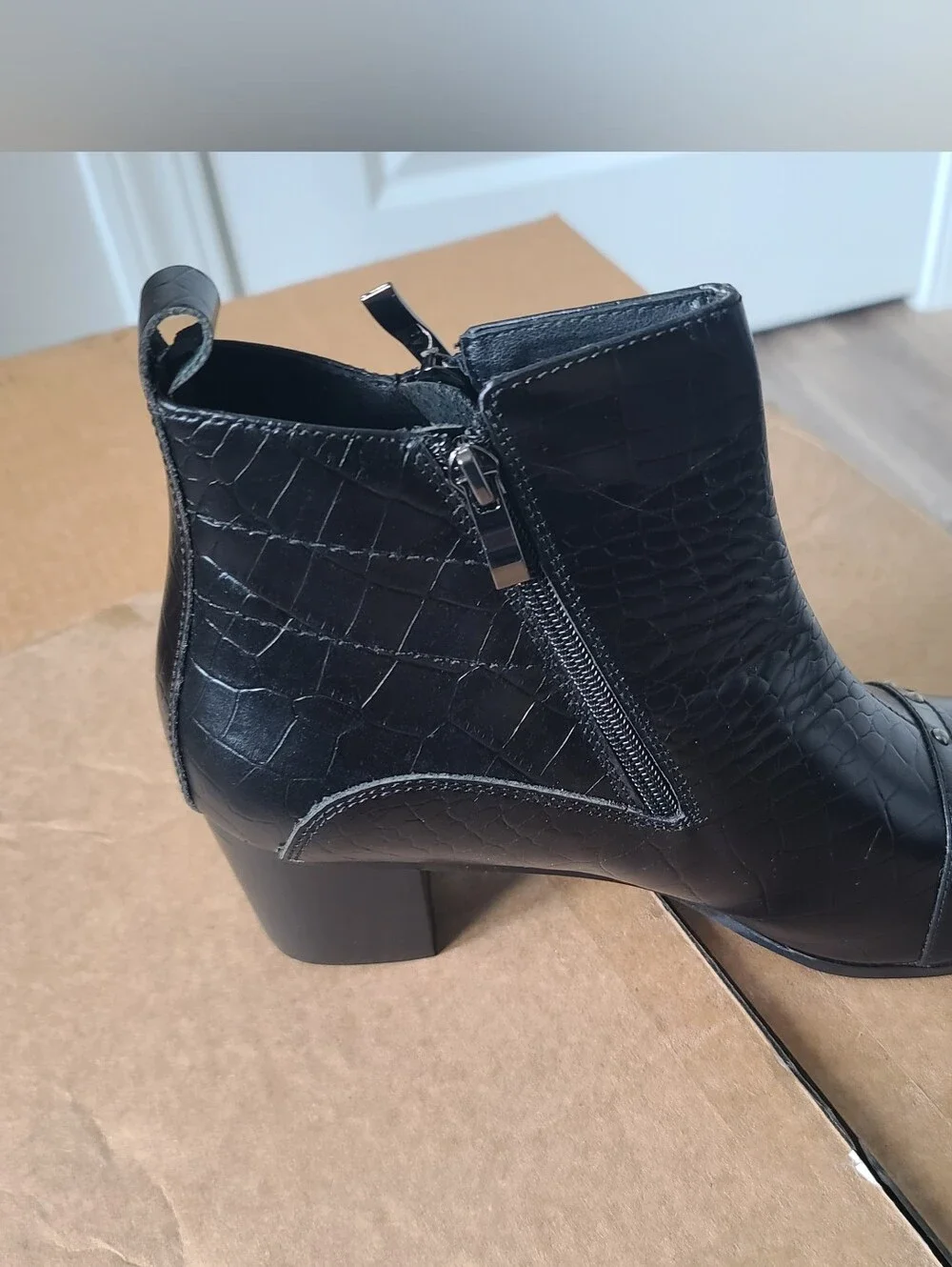 Men's Black Croc-Embossed Leather Boots with Block Heel